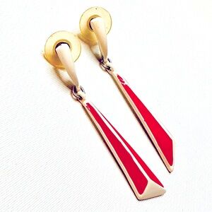 VTG 50s 60s Enamel Stud Earring, Dangling Red White Triangular Winged Americana